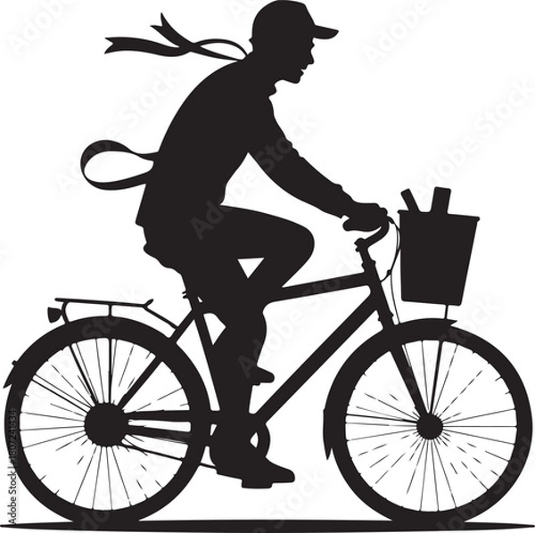 Fototapeta Silhouette of a person riding a bicycle with a basket and flowing scarf