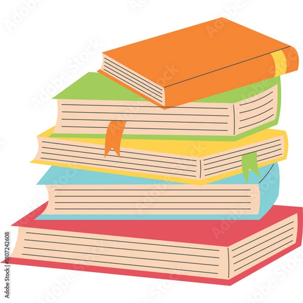 Fototapeta Stack of colorful open books with orange green yellow and blue covers on a white background with ribbon bookmarks symbolizing education and knowledge