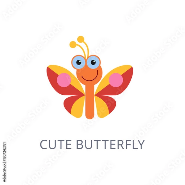 Fototapeta Adorable and Cheerful Cartoon Butterfly with Smiling Face and Vibrant Wing Design for Playful Themes