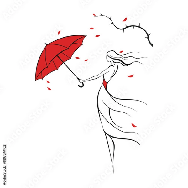 Fototapeta Beautiful woman holding red umbrella with rose thorns and falling petals vector illustration.