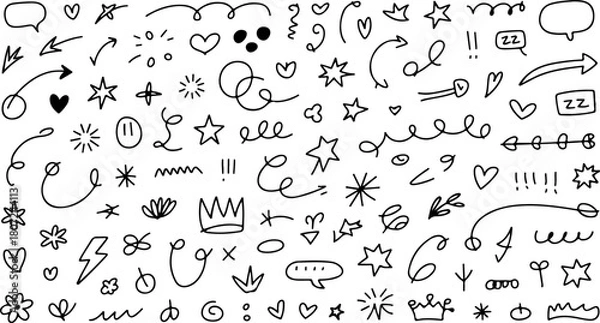 Obraz Assortment of whimsical hand drawn doodles with swirls, stars, hearts, and speech bubbles on clean white backdrop