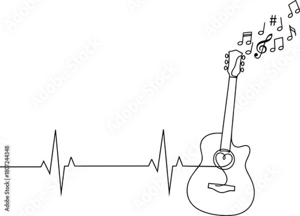 Fototapeta guitar heartbeat pulse line with musical notes one continuous line vector illustration.