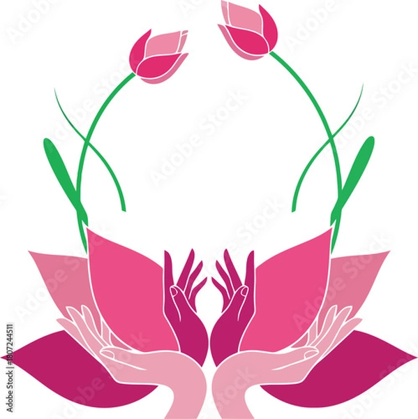 Fototapeta pink lotus flowers with praying hands vector design concept icon illustration.