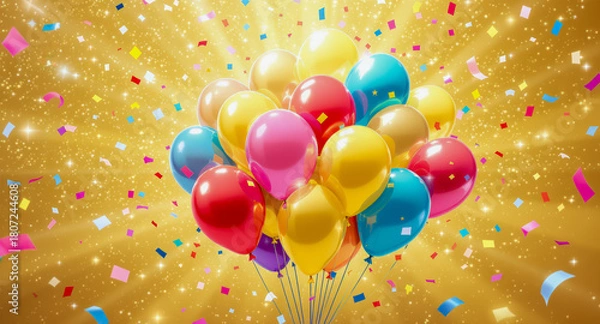 Obraz Colorful balloon cluster with chrome shine, surrounded by confetti on golden sparkling background, creating festive and joyful atmosphere
