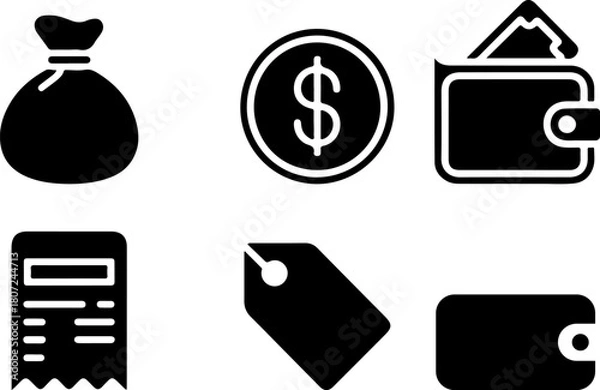 Obraz Set of financial icons representing money payment shopping and price in minimal black and white design for business concept