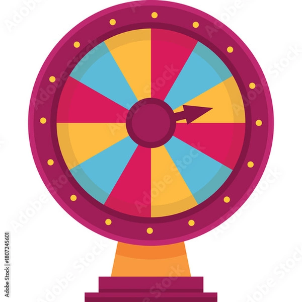 Obraz Spinning Wheel Game with Colorful Segments and Arrow Pointer on Orange Stand Against Transparent Background