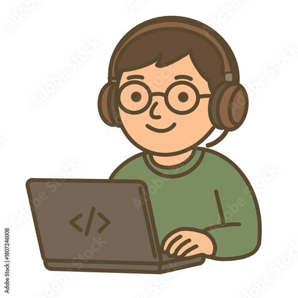 Obraz Hand draw programmer cartoon character with laptop