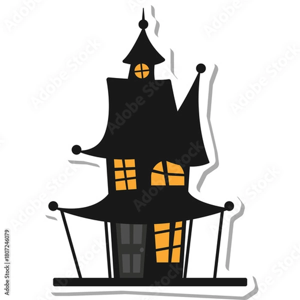 Obraz Spooky Haunted House Silhouette with Glowing Windows on a White Background with Soft Shadow Detail