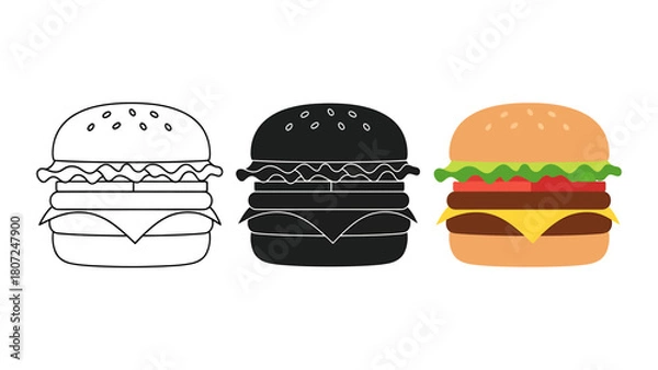 Obraz Burger illustration set vector line art and silhouette colorful flat design for fast food menu and restaurant promotion