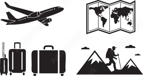 Obraz Plane soars above suitcases, hiker ascends mountain; a world map unfolds with clear background
