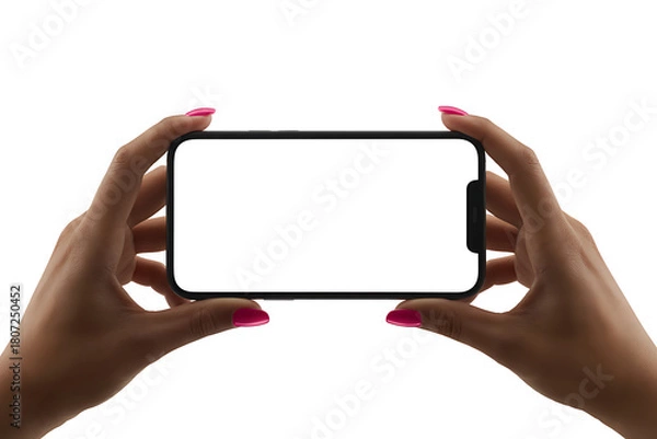 Fototapeta Hands holding a smartphone horizontally, isolated on white background