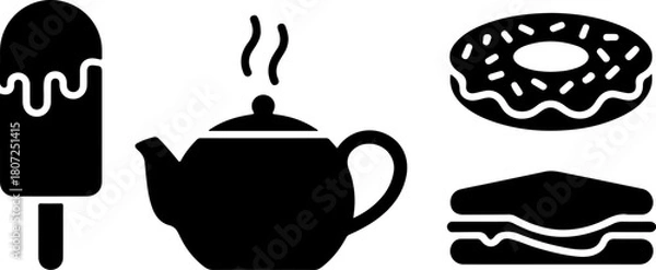 Obraz Summer sweeties with ice cream bar on stick hot tea kettle and sugary donut and sandwich for fast street food for tasty eating