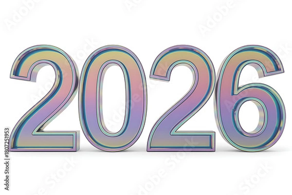 Fototapeta The year 2026 displayed in holographic, iridescent 3d numbers