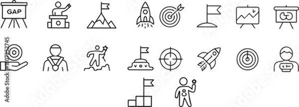 Fototapeta A collection of black and white line art icons representing business concepts