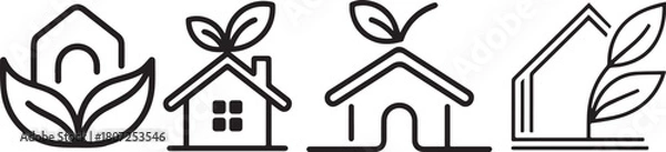 Obraz Four house icons with leaves in a row representing eco friendly homes design