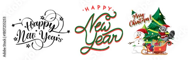 Fototapeta Happy new year and merry christmas holiday design elements with snowman, raccoon, and decorated tree