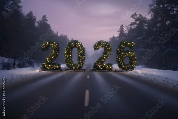 Fototapeta Road Ahead to 2026 with Illuminated Christmas Tree Numbers in Winter Forest