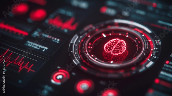 Obraz Futuristic medical dashboard displaying digital brain scan symbolizing neurological monitoring, cognitive analytics and advanced healthcare technology.
