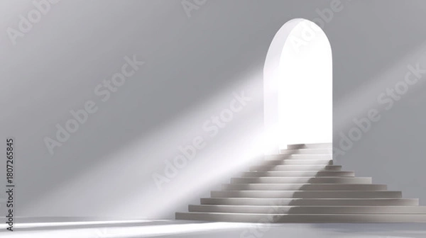 Fototapeta Mysterious abstract staircase ascending toward glowing portal of light. hopeful and clean concept of future, spiritual journey ahead