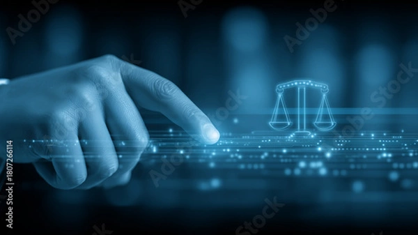 Obraz Digital justice system represented by a human hand activating a holographic scale of law over a data stream, symbolizing modern legal services, online rights protection and regulatory compliance.
