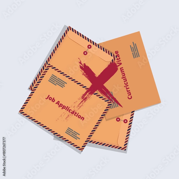 Fototapeta A clean and modern vector illustration featuring several brown job application and curriculum vitae envelopes arranged in a layered layout. Job application rejected concept