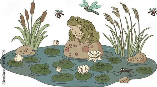 Obraz Cartoon Frog Sitting on Rock in Pond with Water Lilies and Dragonflies | Hand-drawn Illustration for Children's Books, Educational Material, and Nature-Themed Designs