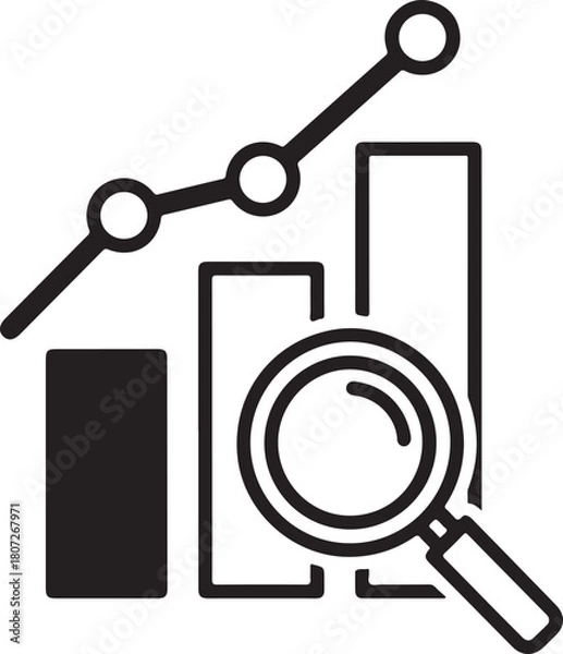 Obraz Business data analytics icon showing a magnifying glass over a bar chart and line graph indicating growth, analysis, and research isolated on white background, Vector, illustration