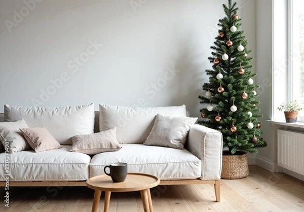 Fototapeta Scandinavian minimalist living room with white linen sofa, Christmas tree with copper baubles, coffee table with steaming mug.