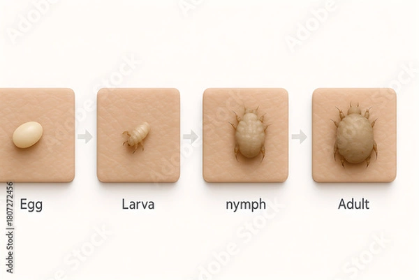 Fototapeta Photorealistic 3D medical illustration of scabies, semi-transparent skin cross-section showing Sarcoptes scabiei mite in superficial epidermis tunnel (stratum corneum)
