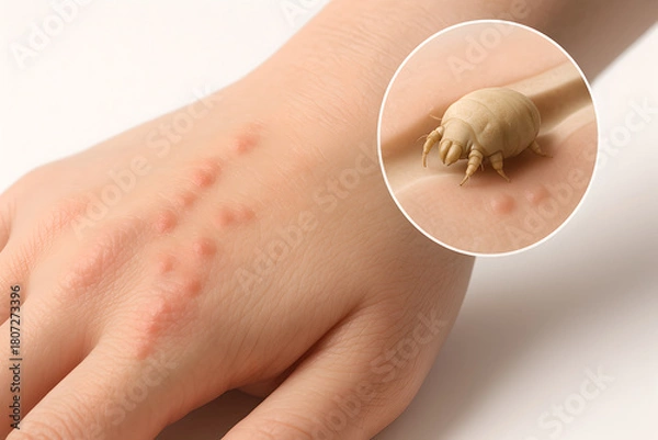 Obraz Photorealistic 3D medical illustration of scabies, semi-transparent skin cross-section showing Sarcoptes scabiei mite in superficial epidermis tunnel (stratum corneum)