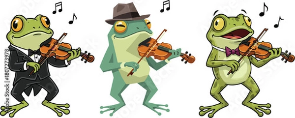 Obraz Cartoon frogs playing violins in musical performance, cute amphibian musicians illustration, whimsical frog orchestra artwork, funny animal music scene design