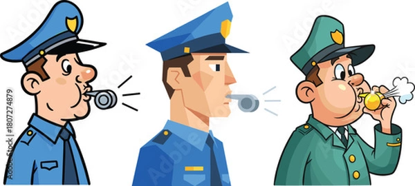 Obraz Cartoon police officers blowing whistles in uniform, law enforcement characters giving alerts, security warning illustration for safety, patrol, rules and regulations