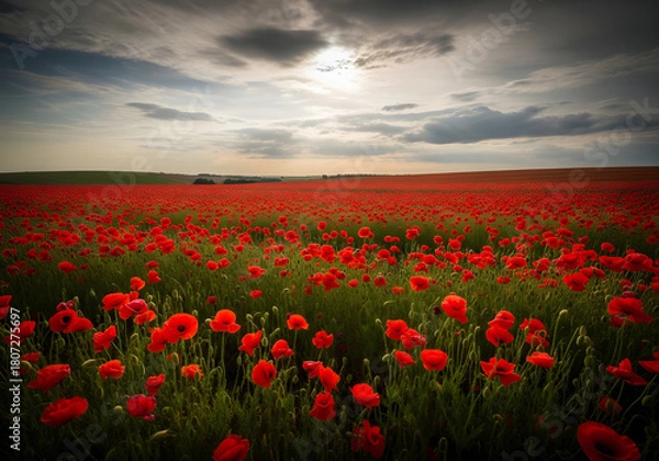 Fototapeta Vast field of red poppies under a dramatic cloudy sky