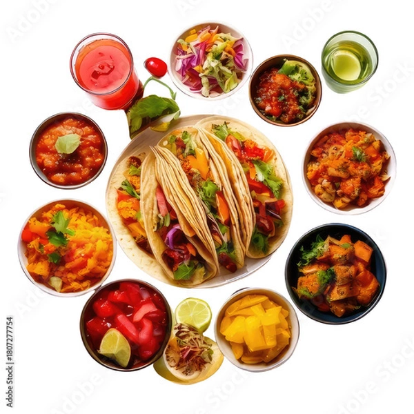 Obraz Tacos with various vibrant sides, arranged in a circle