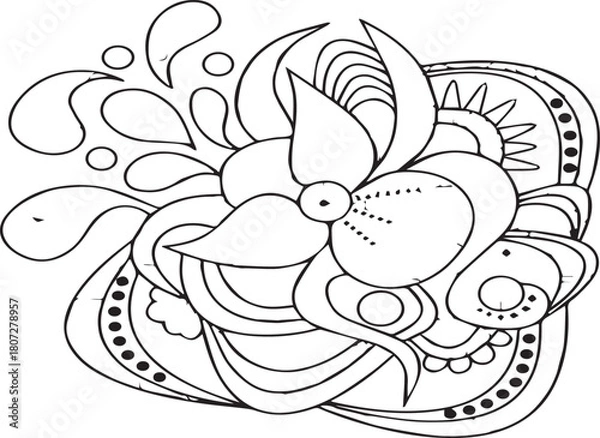 Fototapeta Abstract Floral Doodle Illustration | Black and White Botanical Sketch for Coloring Books and Creative Design Projects