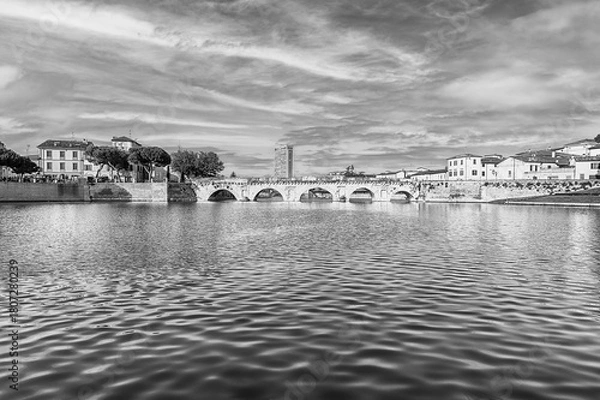 Fototapeta View over the Bridge of Tiberius, landmark in Rimini, Italy