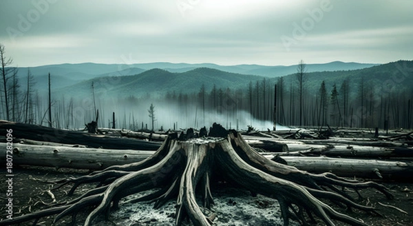 Obraz Burnt tree stump sits among fallen logs in a desolate forest landscape after wildfire