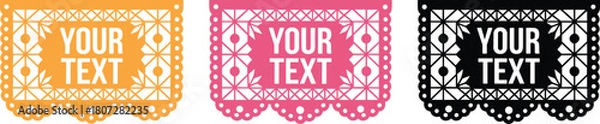 Fototapeta Set of editable Mexican papel picado banners with customizable text area, perfect for fiesta invitations, Día de los Muertos and festive decorations
