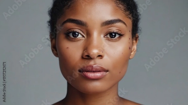Obraz Woman with dark skin and brown eyes poses in front of a neutral gray background studio