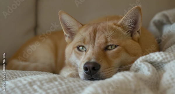 Obraz Tan canine resting comfortably with head on a white textured blanket in a cozy room indoors