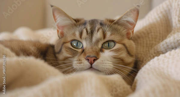 Fototapeta Tabby cat resting comfortably and looking directly at the camera on a soft white blanket