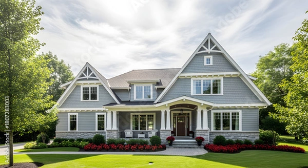 Fototapeta Large gray house with gabled roof stands on green lawn under cloudy sky during daytime