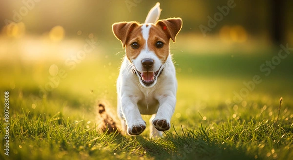 Fototapeta Happy dog with white and brown fur running through green grass in a sunny outdoor setting