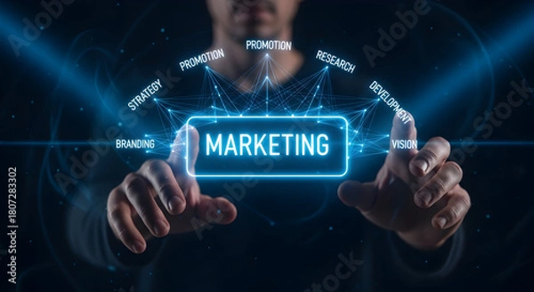 Fototapeta Marketing strategy concept with digital display business development and promotion modern technology