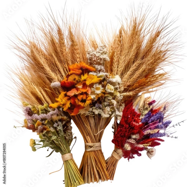 Obraz Three dried flower bouquets, wheat, and colorful blossoms