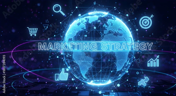 Fototapeta Global marketing strategy concept with digital network business growth and online connection futuristic technology background