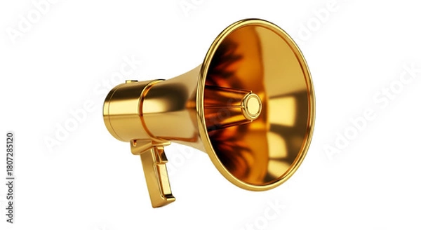 Fototapeta Golden megaphone shiny and reflective isolated on white background for announcements and promotions