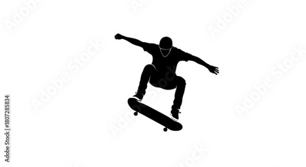 Fototapeta Silhouette of a skateboarder performing a trick vector illustration on a white background perfect for sports and recreation designs