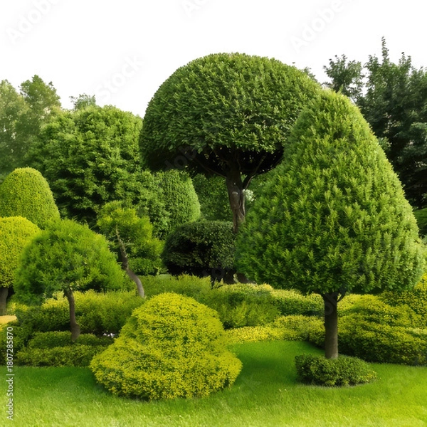 Obraz Lush, sculpted green trees in a well-manicured garden
