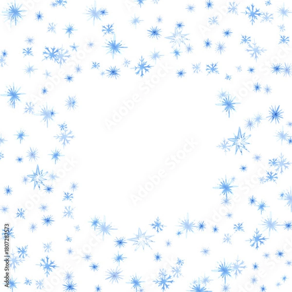 Fototapeta Hand drawn watercolor blue snowflakes frame border. Illustration isolated on white background. Can be used for postcard, invitation and other printed products.